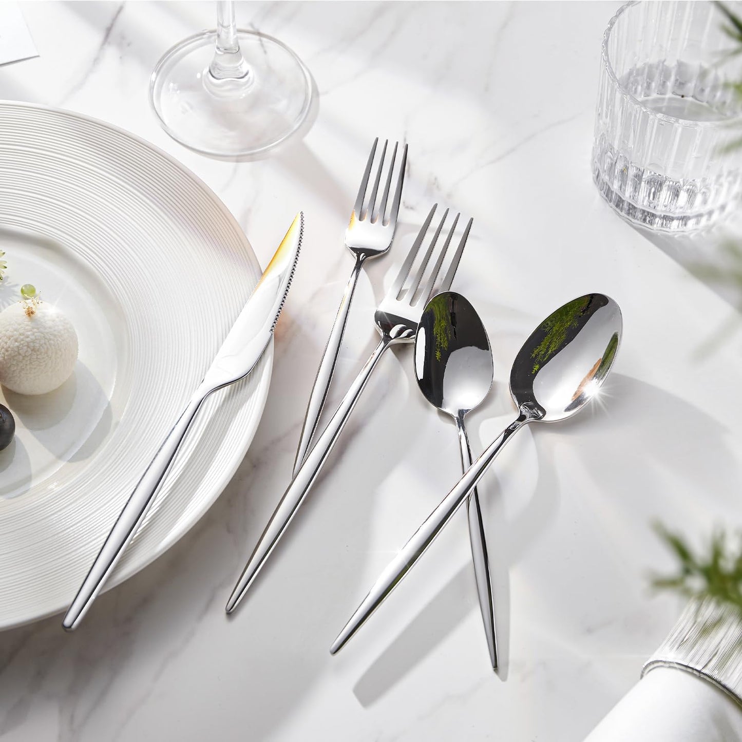 KINGSTONE Silverware Set, 5-Piece Flatware Set Cutlery Set Premium 18/10 Stainless Steel, Tableware Include Forks Knives Spoons for Home Kitchen Restaurant Wedding, Dishwasher Safe