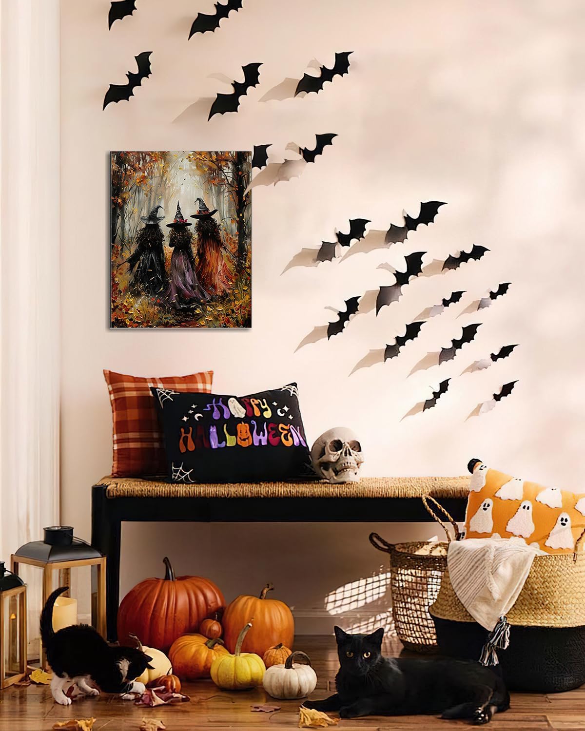 Halloween Canvas Wall Art, Vintage Three Witches Poster, Gothic Dark Academia Wall Decor, Spooky Halloween Decor for Living Room, Bedroom & Bathroom, Framed Fall Decorations Indoor