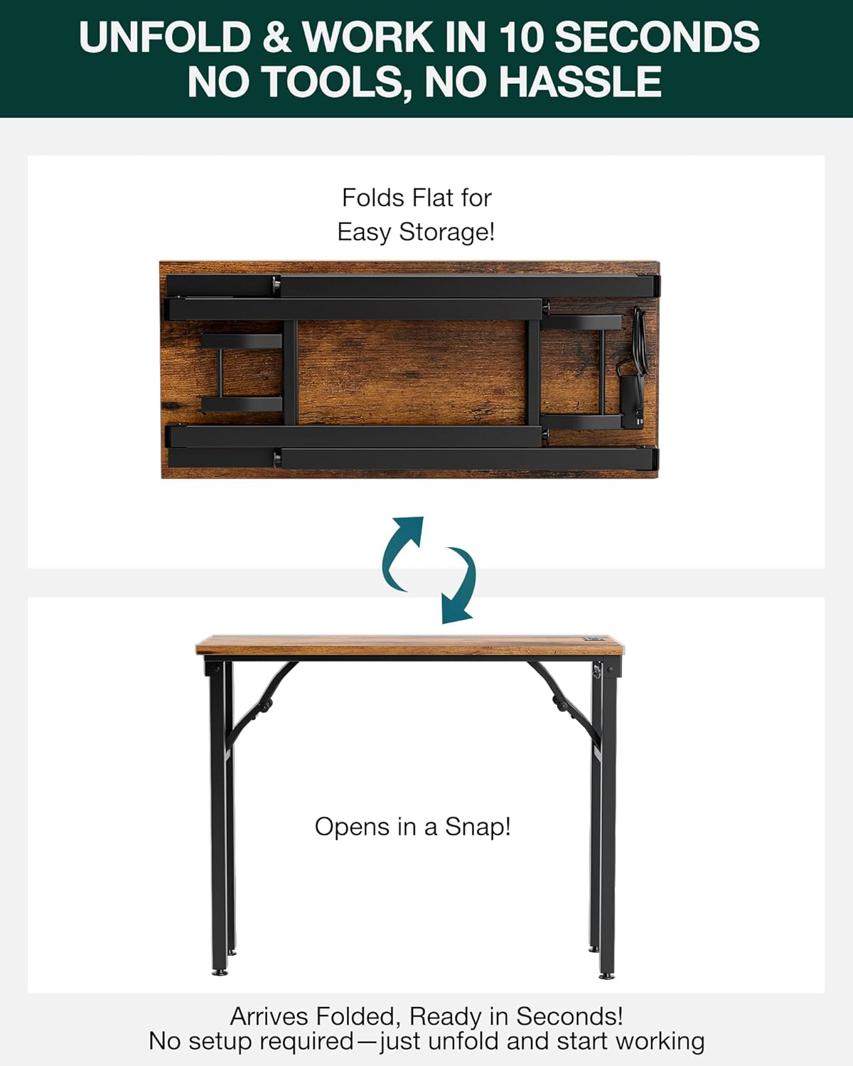 Frylr Small Folding Computer Desk – 35.8 Inch Portable Table for Craft and Study, Lightweight Desk for Small Spaces, Foldable Laptop Table Built-in AC/USB Outlets for Convenience, Rustic Brown