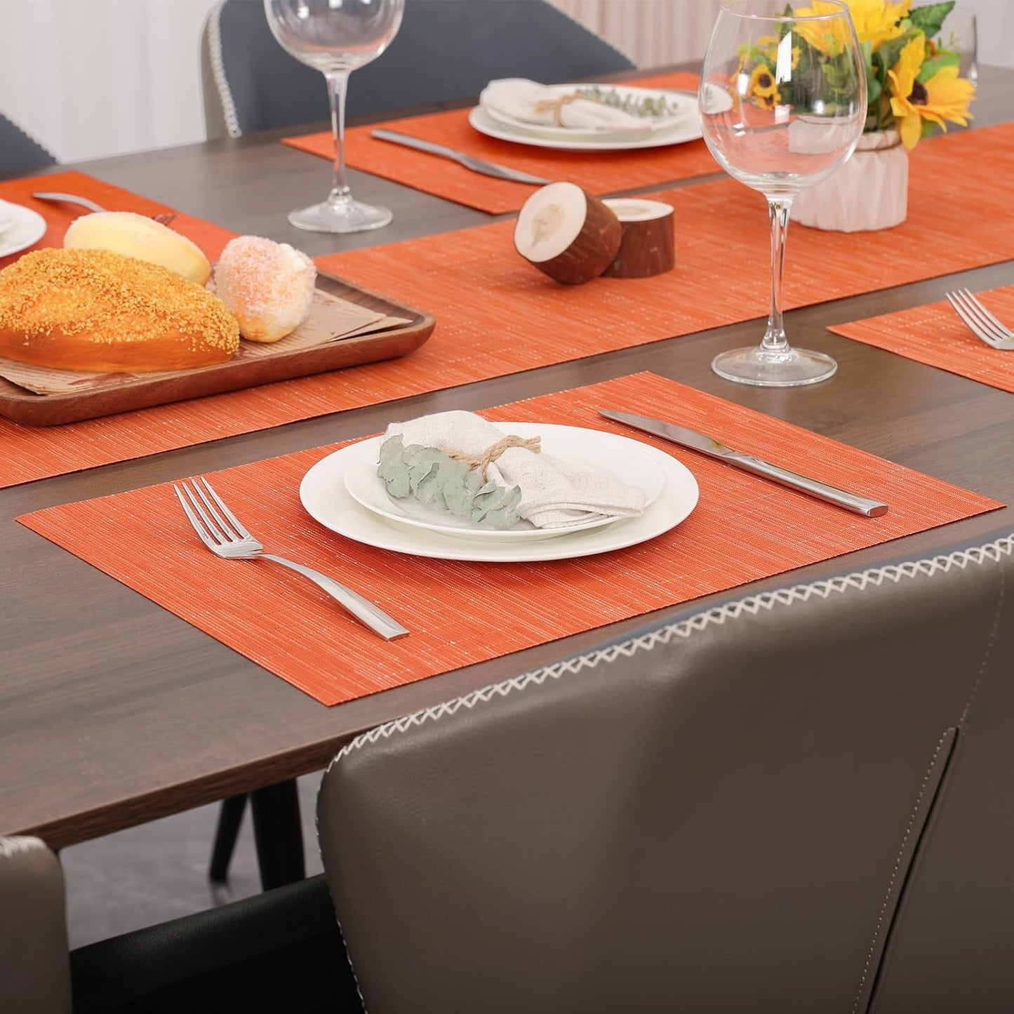 Myir JUN Placemats Set of 4, Vinyl Woven Placemats Place Mats Indoor Set of 4 Washable Table Mats Non-Slip Place mats for Dining Table (Orange, Set of 4)