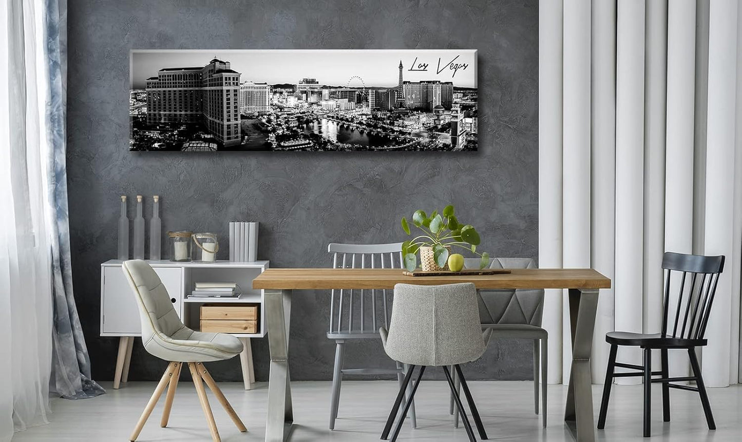 Las Vegas Skyline Wall Art for Living Room American Cityscape Canvas Prints Black and White City Bellagio Fountain Skyscraper Night View Panoramic Pictures Modern Building Poster Framed 13.8"X47.3"