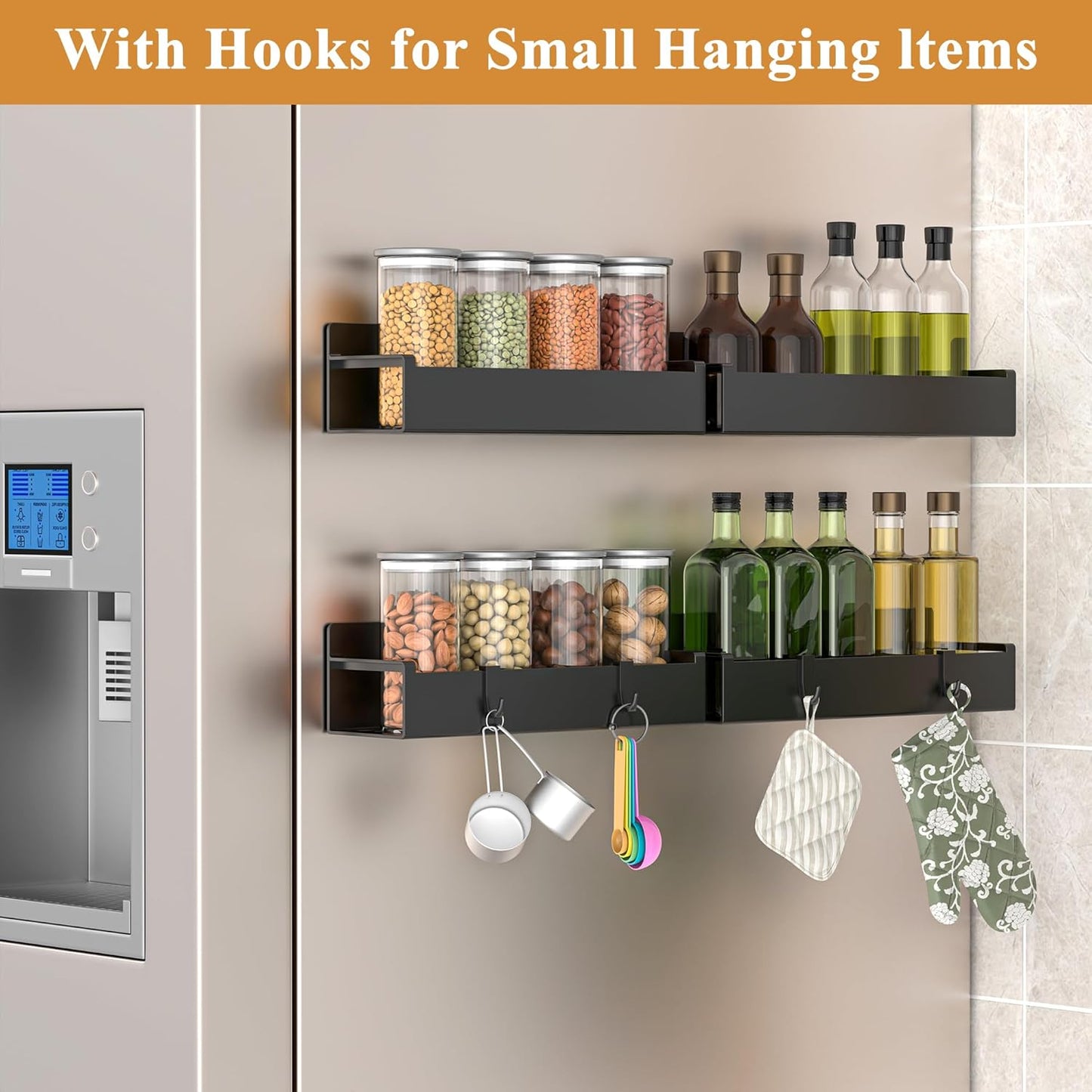 4 Pack Magnetic Spice Rack Organizer for Refrigerator and Oven, Matt Black Fridge Organizers and Storage for Kitchen