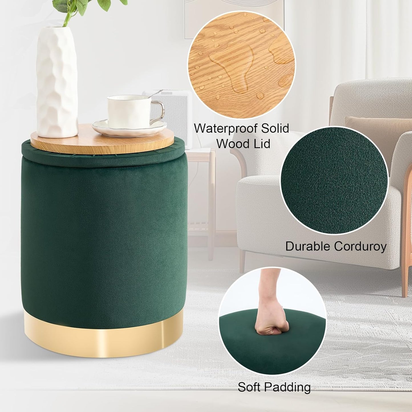 Round Ottoman with Storage Set of 2, Upholstered Velvet Storage Ottomans, Vanity Stool, Multifunctional Ottomans, Coffee Table Foot Rest Ottoman for Living Room Bedroom, Green