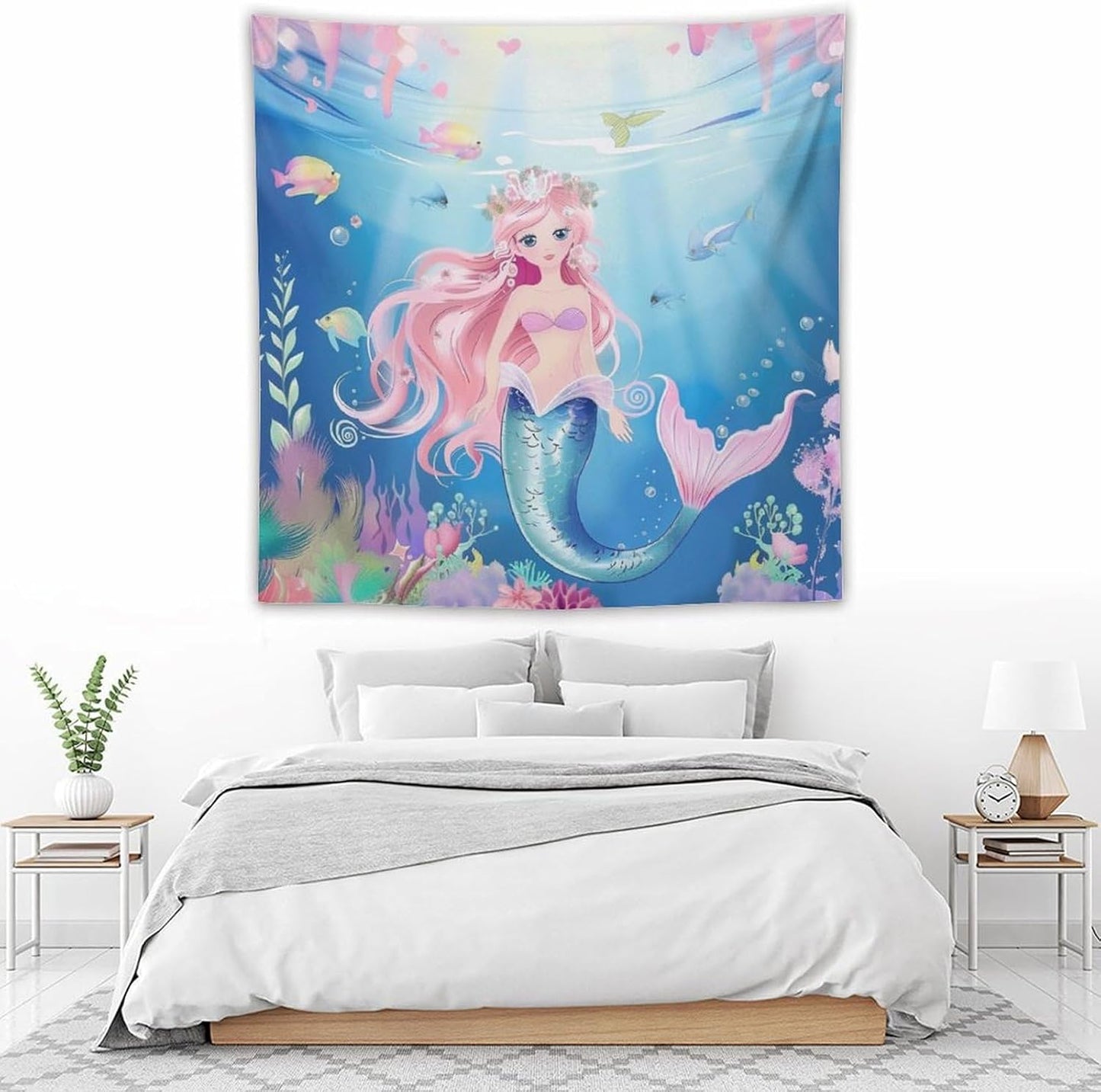HZOHNAGO Mermaid Girls Tapestry Watercolor Mermaid Princess Pattern Printed Wall Tapestry Wall Hanging for Bedroom Living Room Dorm 60" W x 60" H