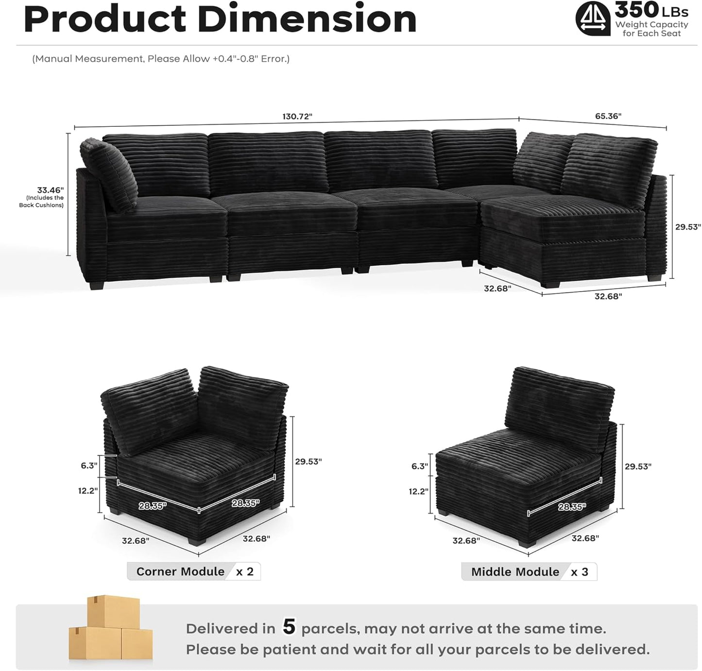 ovios Sectional Sofa Couch with L-Shape Chaise Oversized, Comfy Modular Cloud Couches with Deep Seat, Modern Upholstered Plush Corduroy Sofas Set for Living Room, 5-Seater, Black