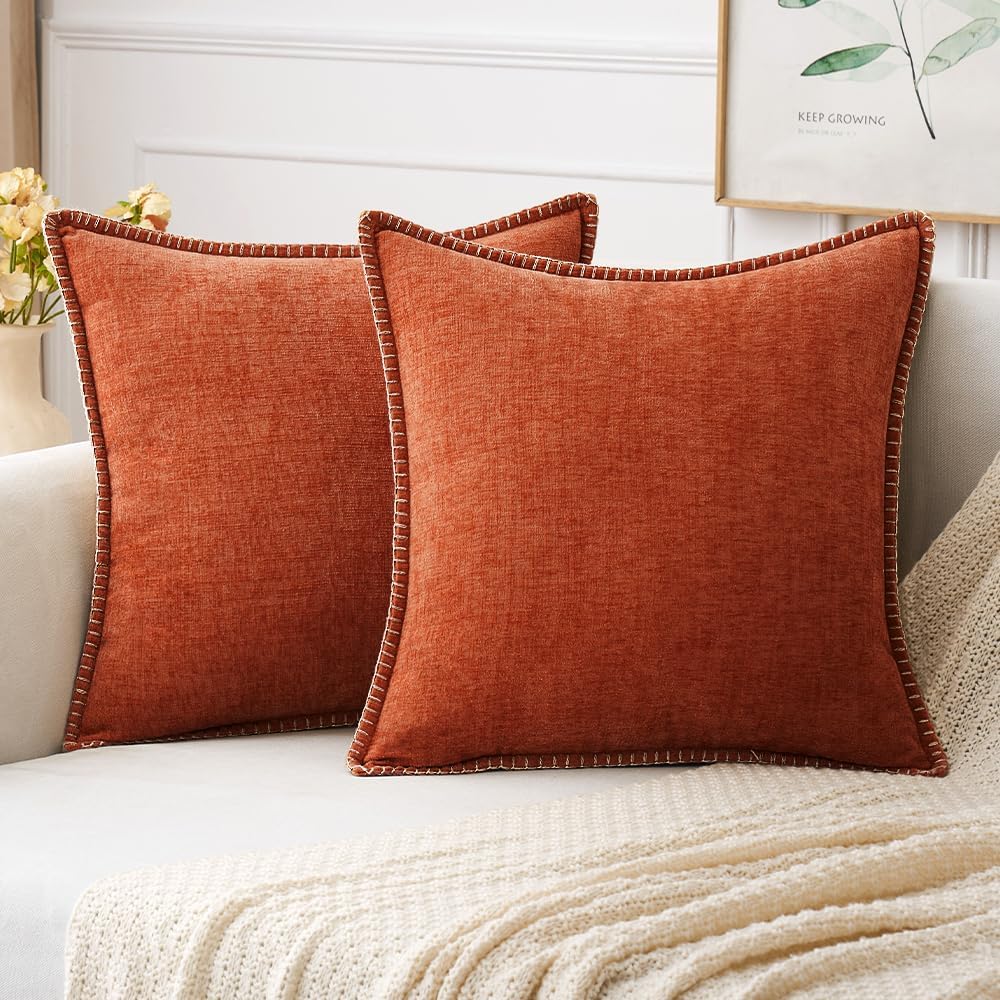 MIULEE Pack of 2 Fall Couch Throw Pillow Covers 18x18 Inch Rust Farmhouse Decorative Pillow Covers with Stitched Edge Soft Chenille Solid Dyed Pillow Covers for Sofa Bed Living Room