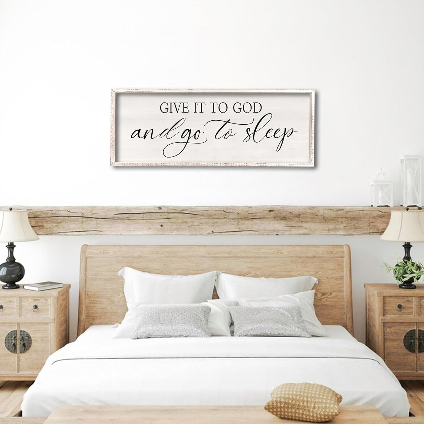 comurdyo Give It To God And Go to Sleep Sign 40''×15'' Master Bedroom Above Bed Wall Decor Wood Framed Couple Large Farmhouse Guest Room Rustic Simple Over Bedside Wall Art Hanging Decor (White)