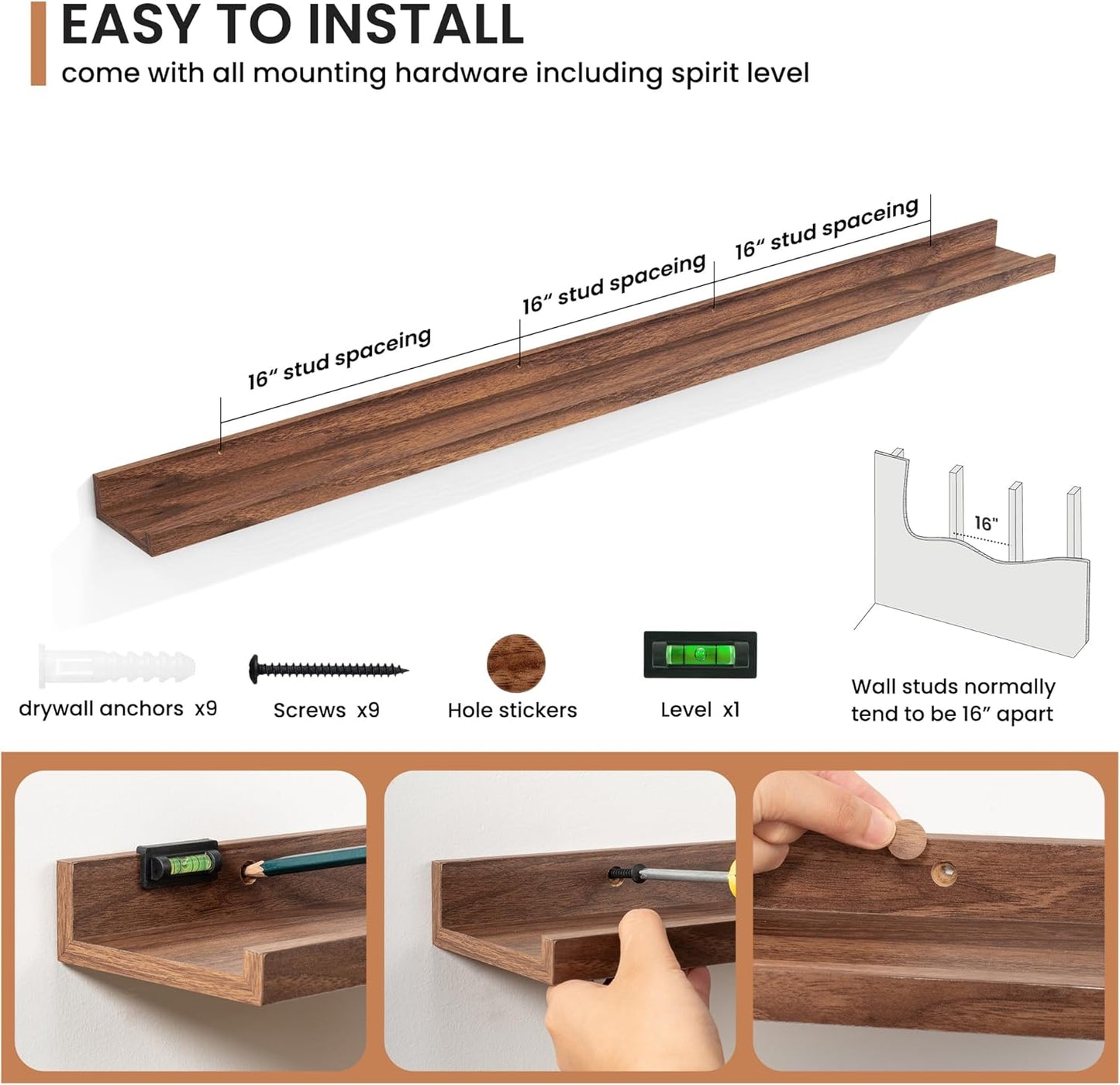 Fun Memories Picture Ledge Shelves Set of 2, 55 Inch Rustic Wall Mounted Floating Shelves with Lip for Home Storage and Décor in Bathroom, Kitchen, Nursery, Bedroom, Living Room, Walnut