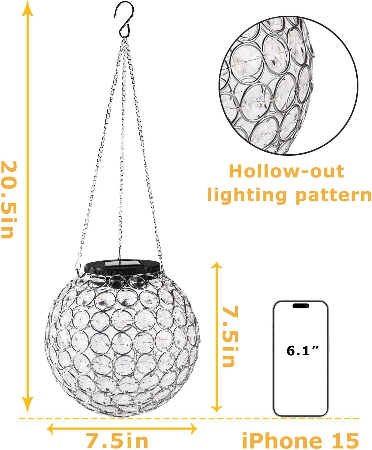 Solar Lantern Hanging Outdoor Christmas Decorative, Dual LEDs Dia 7.5‘’ Color Changing and Cool White Crystal Globe Hanging Lights Waterproof with S Hooks Decor in Garden, Pathway, Front Door-Clear