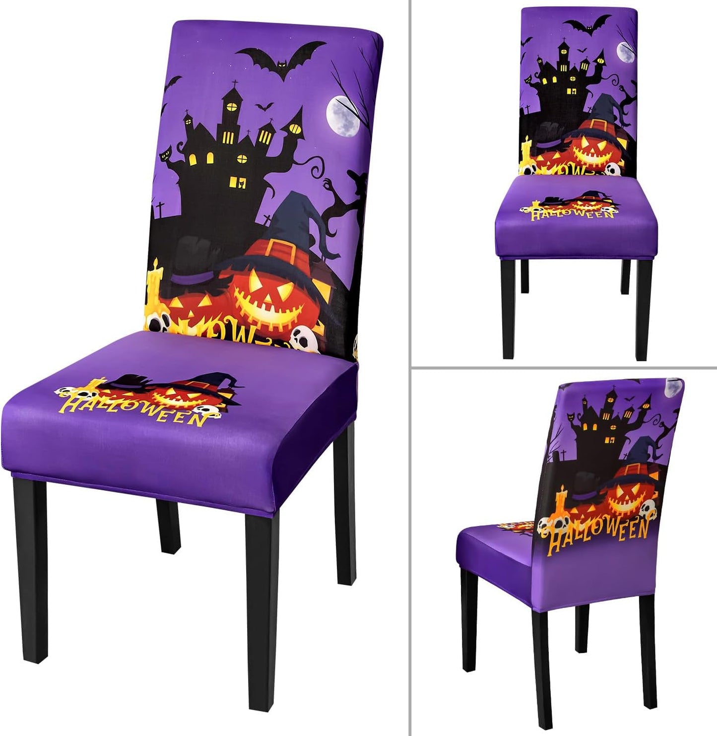 JQinHome Purple Halloween Chair Slipcover, Castle Chair Covers Set of 6, High Stretch Washable Chair Protector Cover for Dining Room, Kitchen,Home Party,Wedding Ceremony(Purple,6PC)