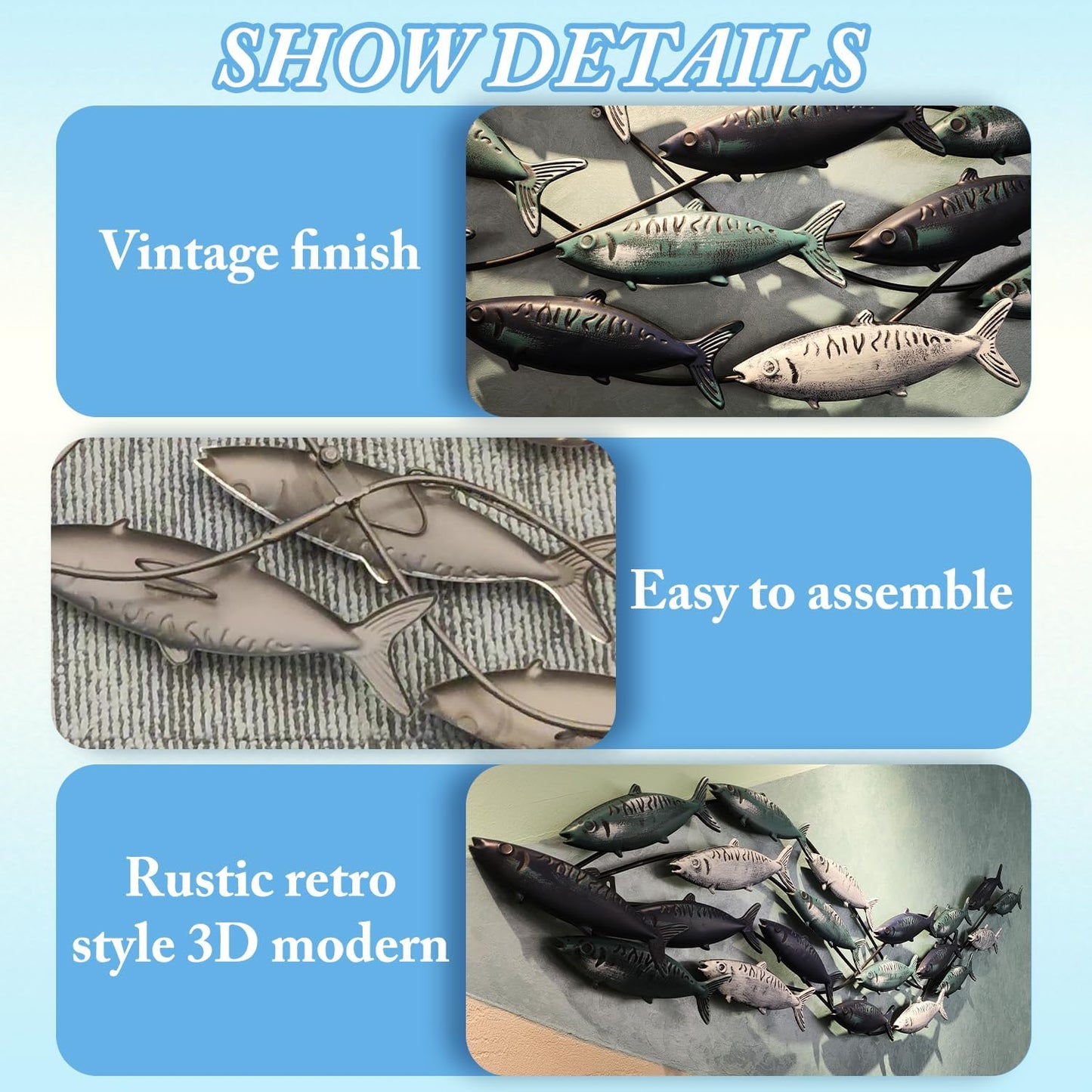 Metal Fish Wall Art, Large Fish Wall Decor for Living Room Bedroom, School of Fish Wall Art Decor, Large Fish Wall Sculpture, Coastal Nautical Ocean Wall Decoration Home Decor (A 59 inch x 16 inch)