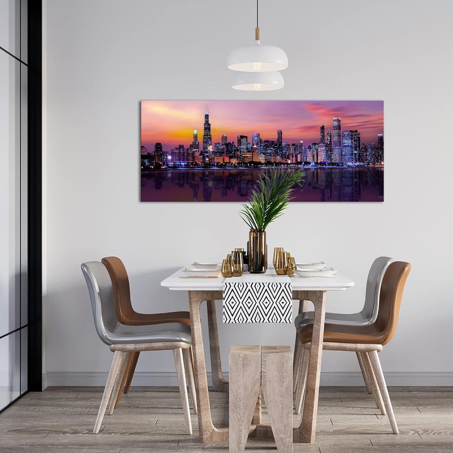 Fochorlo Large Chicago Canvas Modern City Skyline Wall Art Downtown Night Picture Prints Ready To Hang 20"X48"