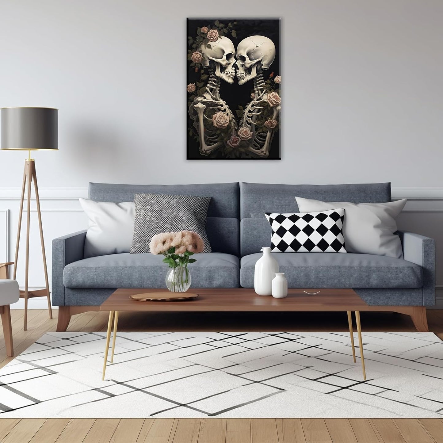 OAAPITI Vintage Skeleton Canvas Wall Art Gothic Painting Artwork Retro Rose Skull Art Poster Abstract Romantic Theme Picture Halloween Living Room Decor(Artwork-4,20"x30")