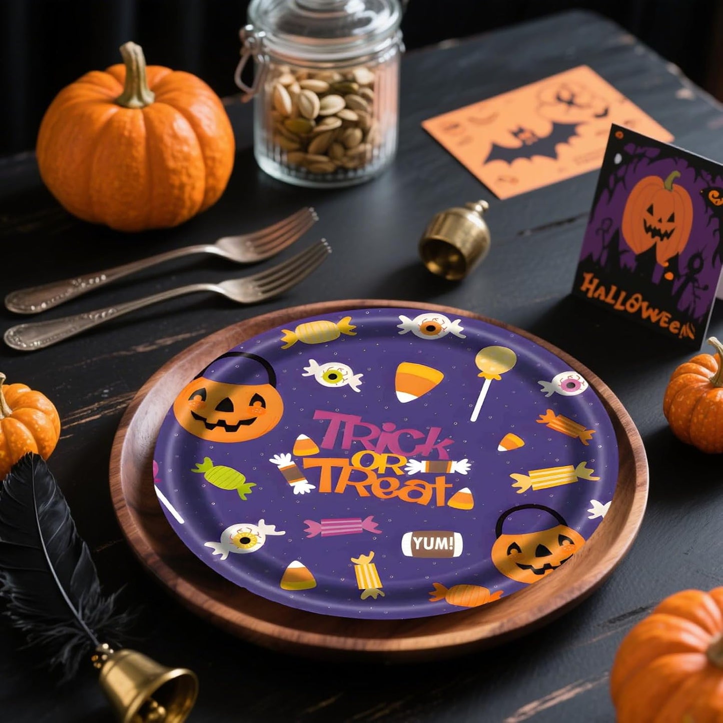 48 PCS Halloween Paper Plates 7 inch, Bat Castle Skull Pumpkin Party Plates Disposable Cake Dessert Plate for Halloween Party Decorations
