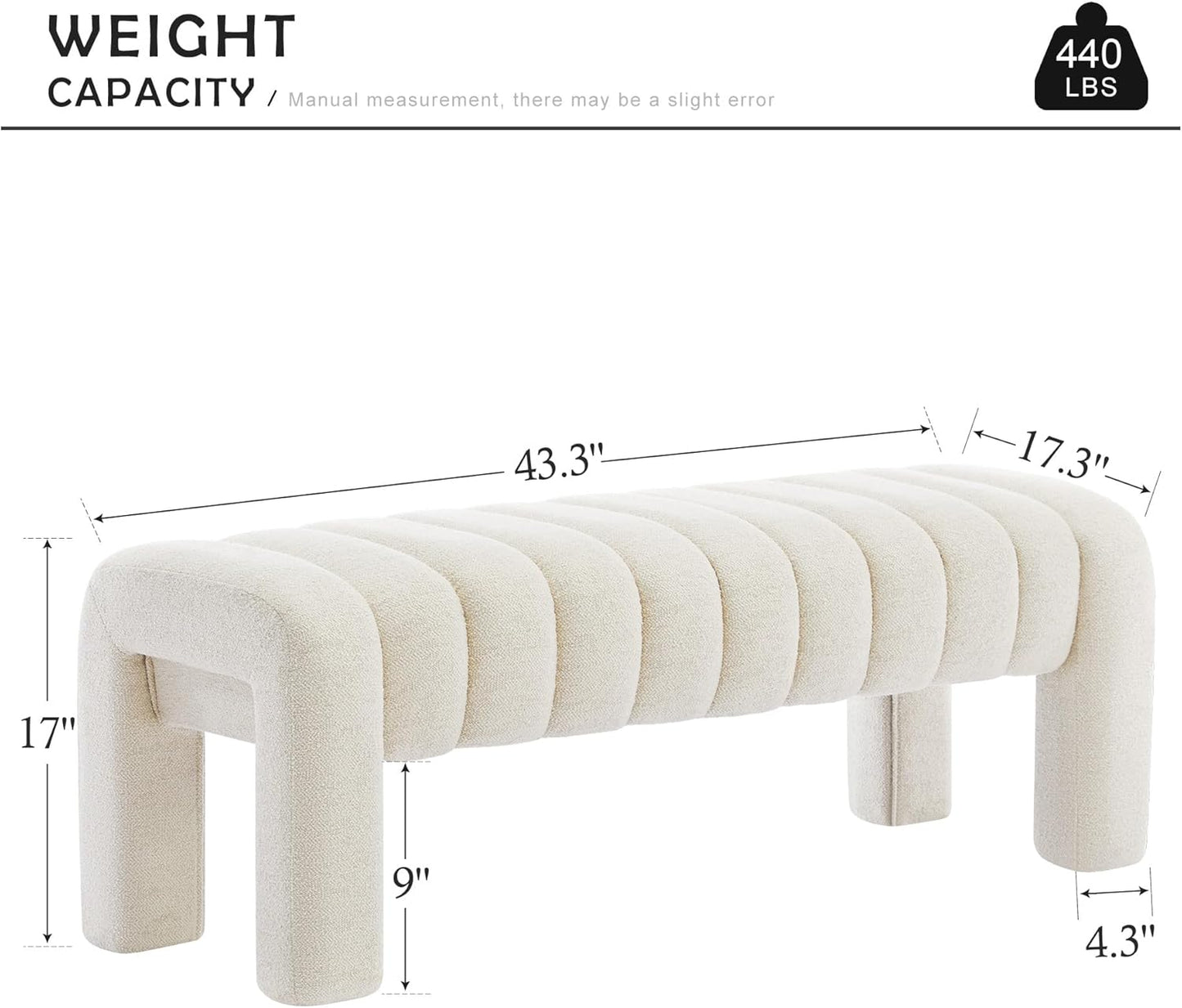 43.3" Bedroom Bench, Upholstered Entryway Bench, Modern End of Bed Ottoman with Solid Wood Legs and Adjustable Foot Pegs for Entryway, Dining Room and Living Room (Beige Linen)