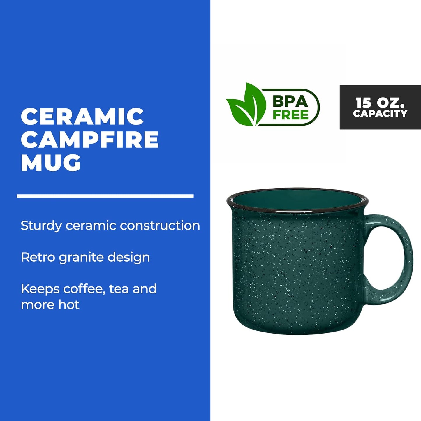 Set of 8 Ceramic Campfire Mugs – 15 Oz, Royal Blue – Coffee & Tea Cups for Home, Work, Travel, Camping – Customizable, Great for DIY, Events, Companies
