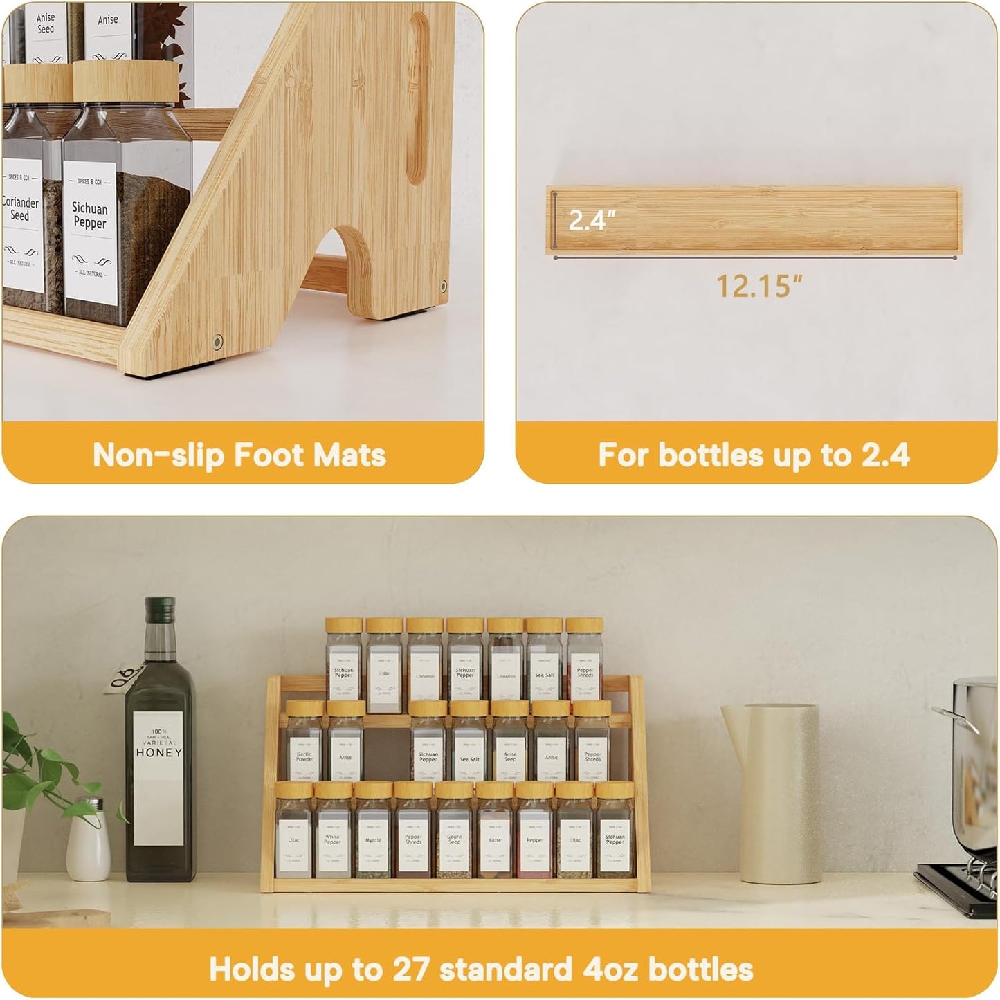 Bamboo Spice Rack Organizer -3-Tier Spice Rack for Countertop,Cabinet Spice Rack Organizer for 27 Spice Jars(4oz)，Step Shelf (yellow)