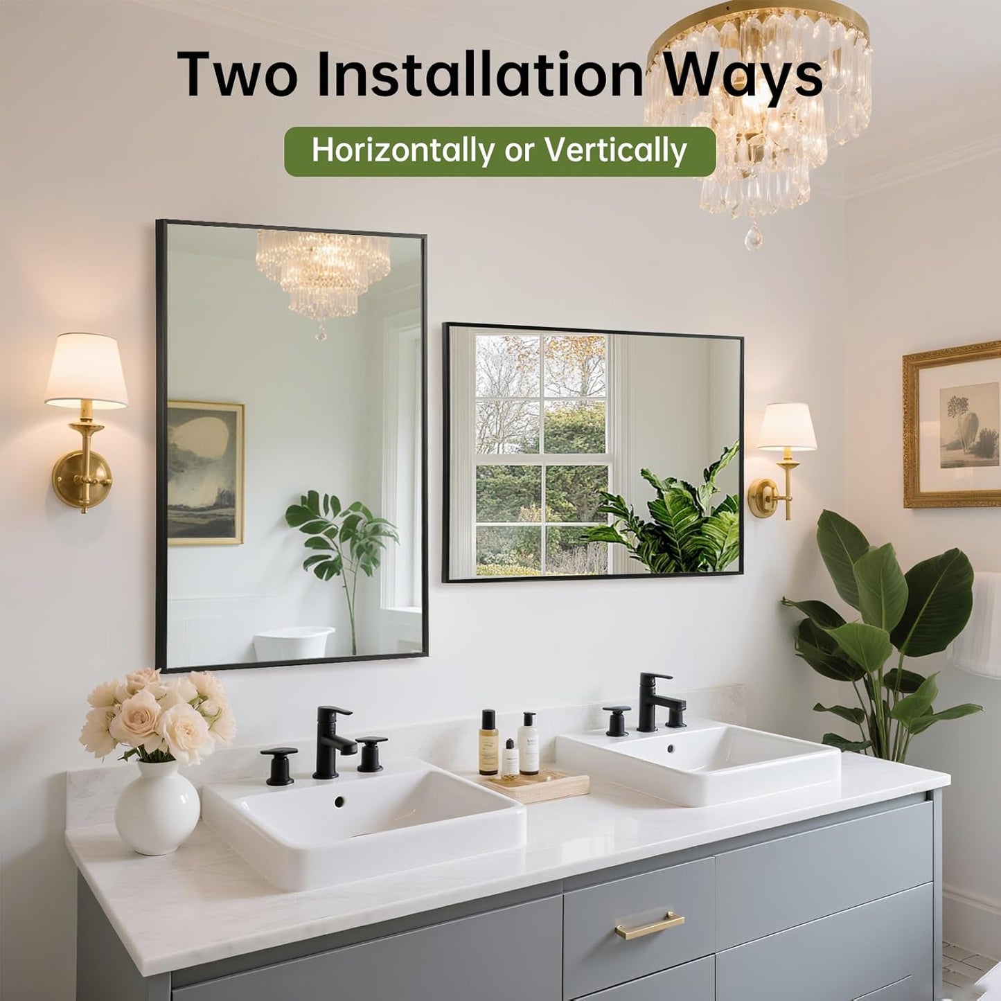 FARMER 20x30 Inch Black Bathroom Mirror, Rectangle Wall Mounted Mirror, Vanity Mirror, Brushed Square Mirror, Framed Bathroom Mirror for Bedrooms, Entryways, Living Rooms, Horizontal/Vertical