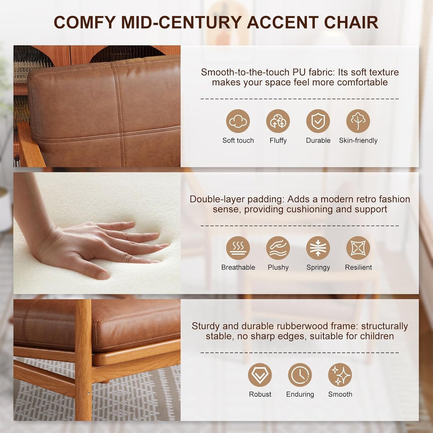 Mid Century Modern Accent Chair, Wooden Accent Chairs, Accent Chairs for Living Room, Wood Frame & Soft Cushion, Reading Leisure Chair for Living Room, Reading Room, Bedroom