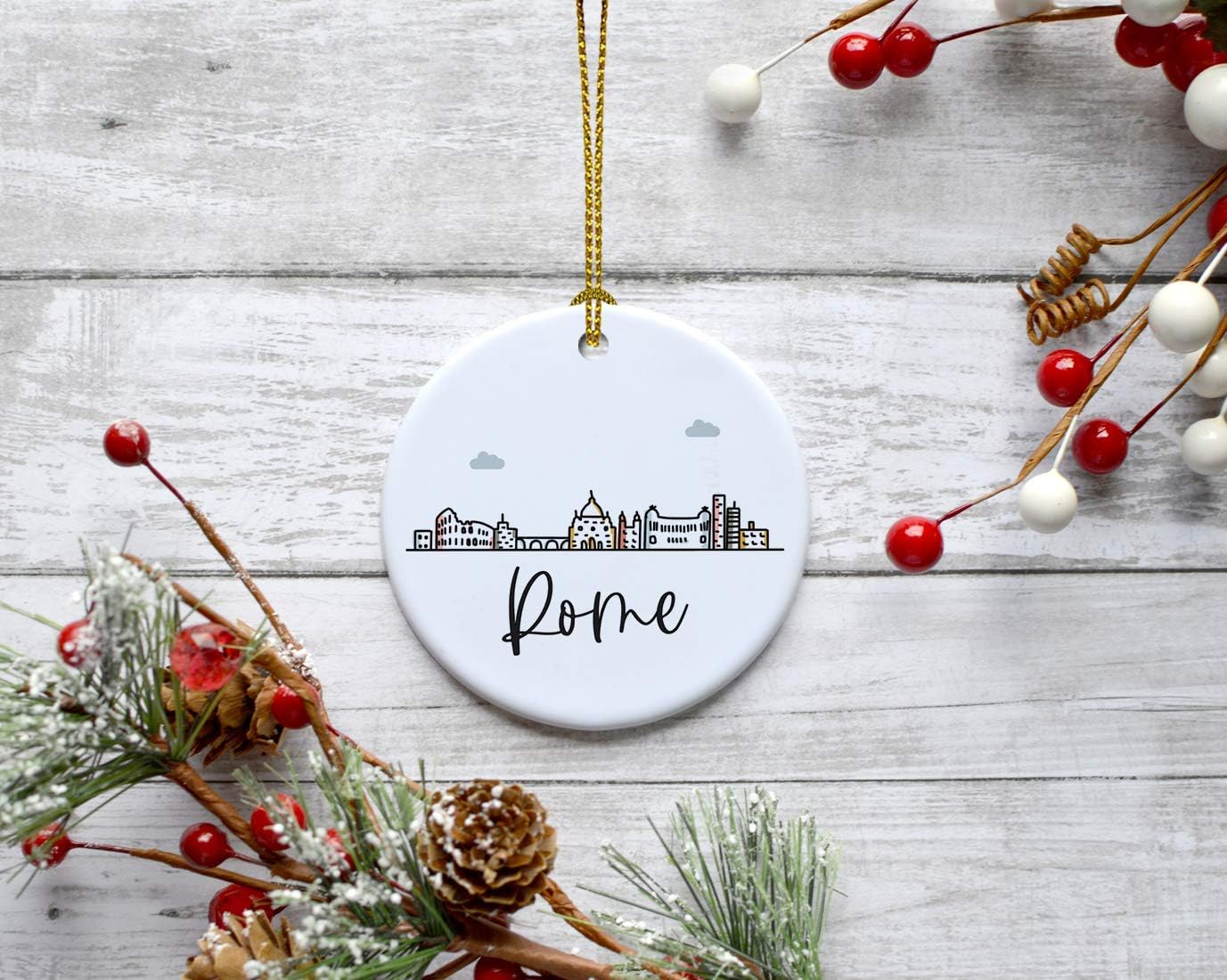 Andaz Press Round Ceramic Porcelain Christmas Tree Ornament Keepsake Gift, Rome, Colorful International City Skyline Graphic, 1-Pack, Birthday Ideas Family Coworker Him Her, Gift Box