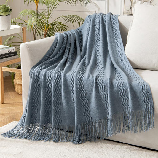 MIULEE Dusty Blue Cozy Knitted Throw Blanket for Couch Textured Knit Blanket with Tassels Woven Acrylic Wave Pattern Boho Blankets for Sofa Bed Chair 50"x60"