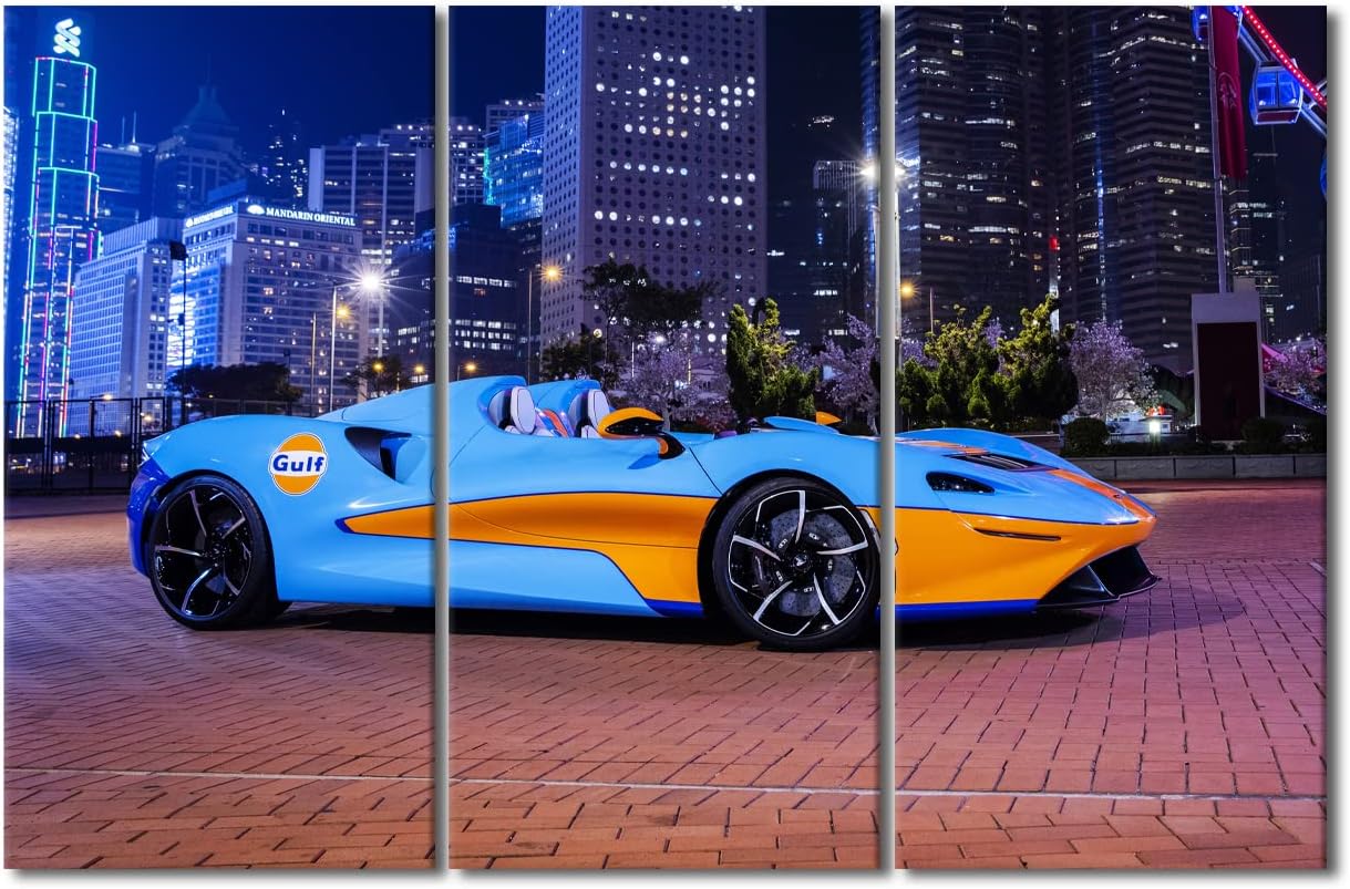 TUMOVO Wall Art for Living Room Sports Car Bedroom Wall Decor City Night View and Speedy Car Wall Paintings for Office Hypercar Print On Canvas Modern Artwork Stretched Framed Ready to Hang 42"Wx28"H