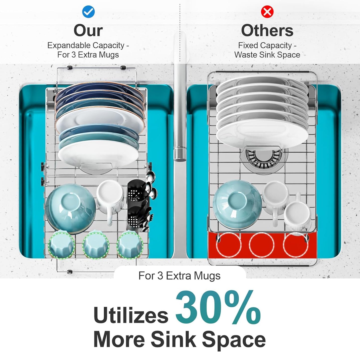 GSlife Expandable in Sink Dish Drying Rack - Capacity Adjustable Stainless Steel Over The Sink Dish Drainer with 2 Cup Holder and Utensil Holder for Kitchen Sink, 10.8"~17.9" L x 14.2" W, Silver