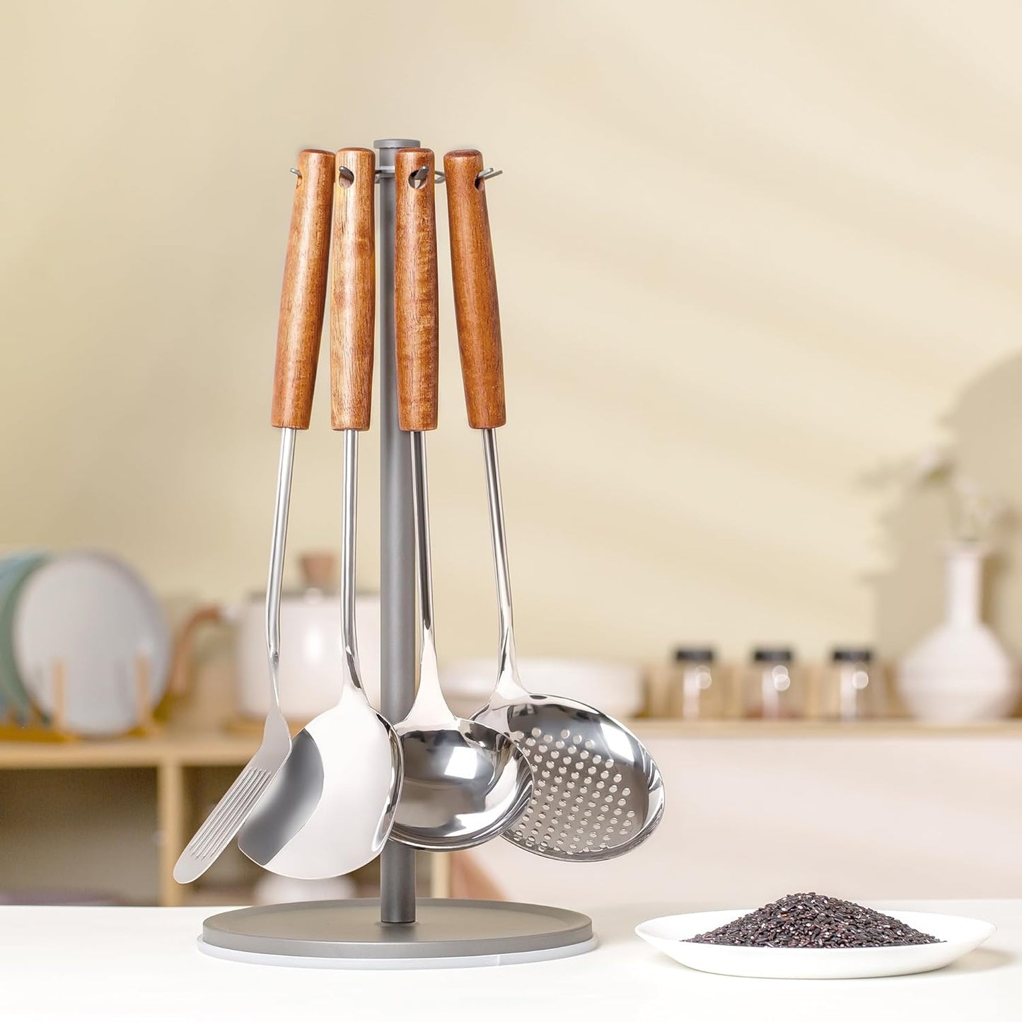 FJNATINH Stainless Steel Wok Tools Set,Wok Utensil - Wok Spatula,Turner,Ladle,Skimmer Tool Set,Mirror Polished Stainless Steel Cooking Utensils 14.6-15.2" Kitchen Utensils Cookware, Pack of 4