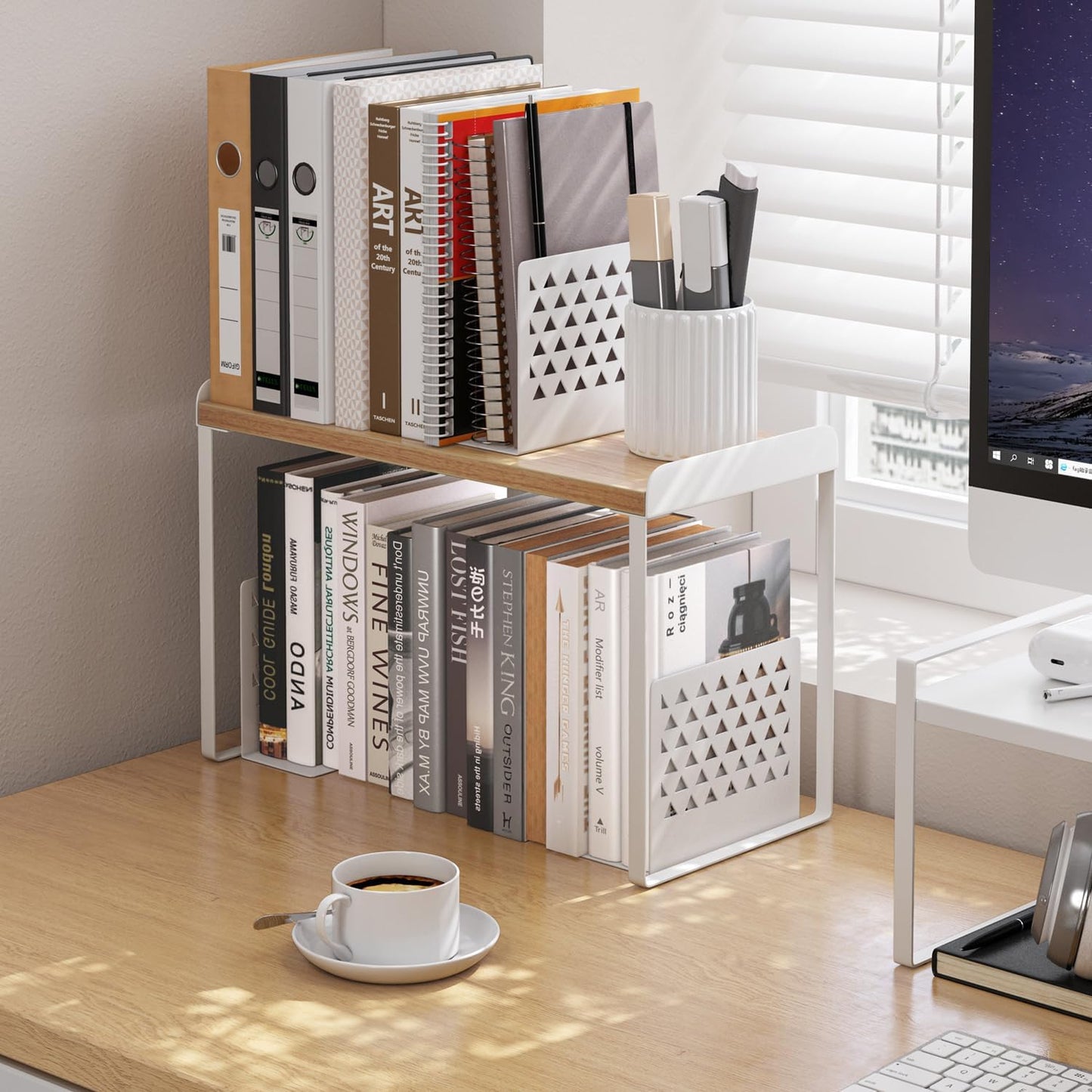 Mitus Shelf Organizer and Storage, Tiered Wood Cabinet Rack for The Kitchen Counter, Bathroom Counter, Pantry Cupboard, Office Desk Bookshelf, 16" Wide Natural and White