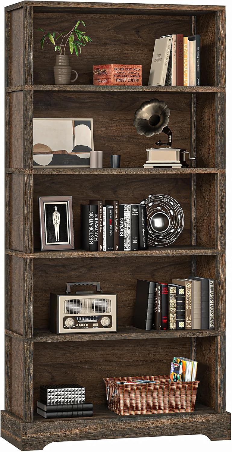 TVU 5-Shelf Wood Bookcase, 65 Inch Tall Bookshelf with Storage, Floor Standing Display Book Shelf, for Living Room Bedroom Study Office, Rustic Brown