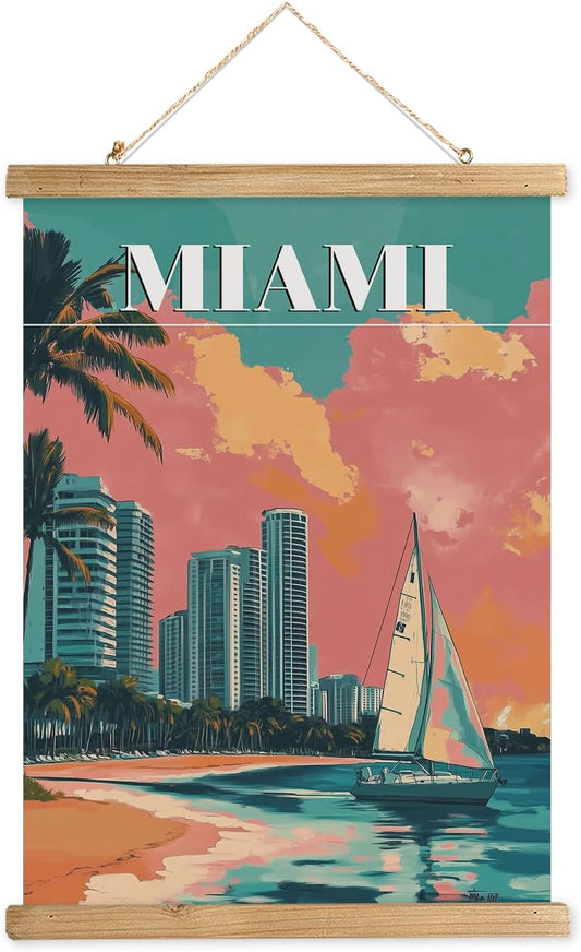 WREVERW Vintage Miami Poster Canvas Print with Wooden Hanger Frame, Featuring Palm Trees, High-Rise Buildings, and Sailboats, Wall Art for Home and Office Decor, 16x23 inches