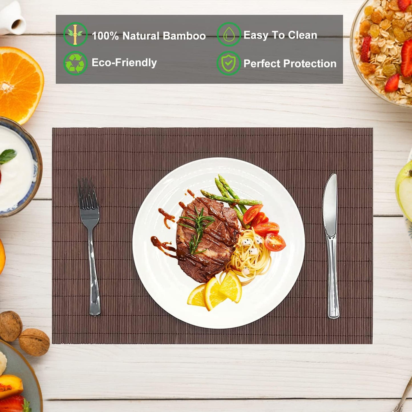 ANDSTAR Set of 8 Pcs Bamboo Placemats Sushi Rolling Mat Japanese Style Natural Anti-Slip Bamboo Placemats Washable Heat-Resistant Table Mats for Dining Room and Kitchen（Chocolate）