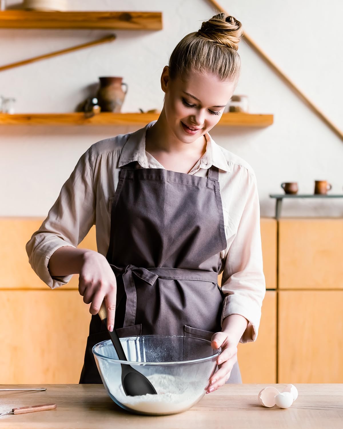 Silicone Cooking Spoons, Great for Scooping Sides and Serving Hearty Stews, BPA-Free Matte Silicone, Wooden Handle Serving Spoon for Nonstick Cooking Surfaces (Black)