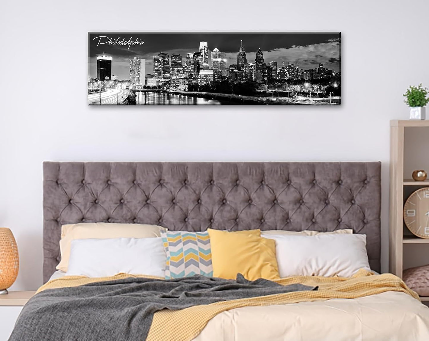DJSYLIFE Philadelphia Skyline Canvas Art - 13.8"x47.3" Black & White Cityscape Wall Decor, Modern Panoramic Night View Print for Living Room, Office, Bedroom - Ready to Hang