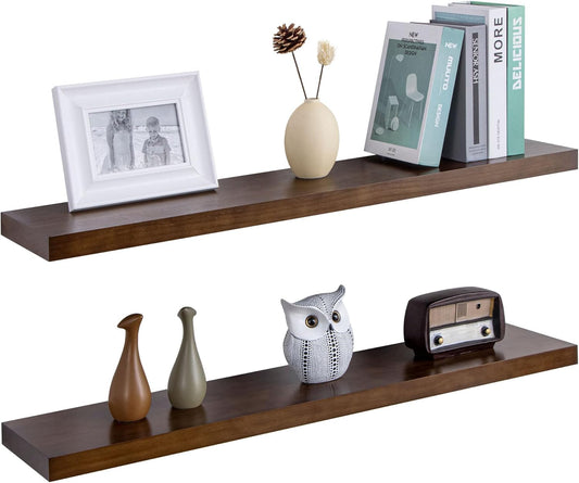 Floating Shelves 36 Inches Long - 8 Inch Deep Rustic Solid Pine Wood for Storage - Farmhouse Wall Mounted for Living Room - Heavy-Duty Metal Bracket - 36" W x 8" D - Set of 2 - American Walnut Color