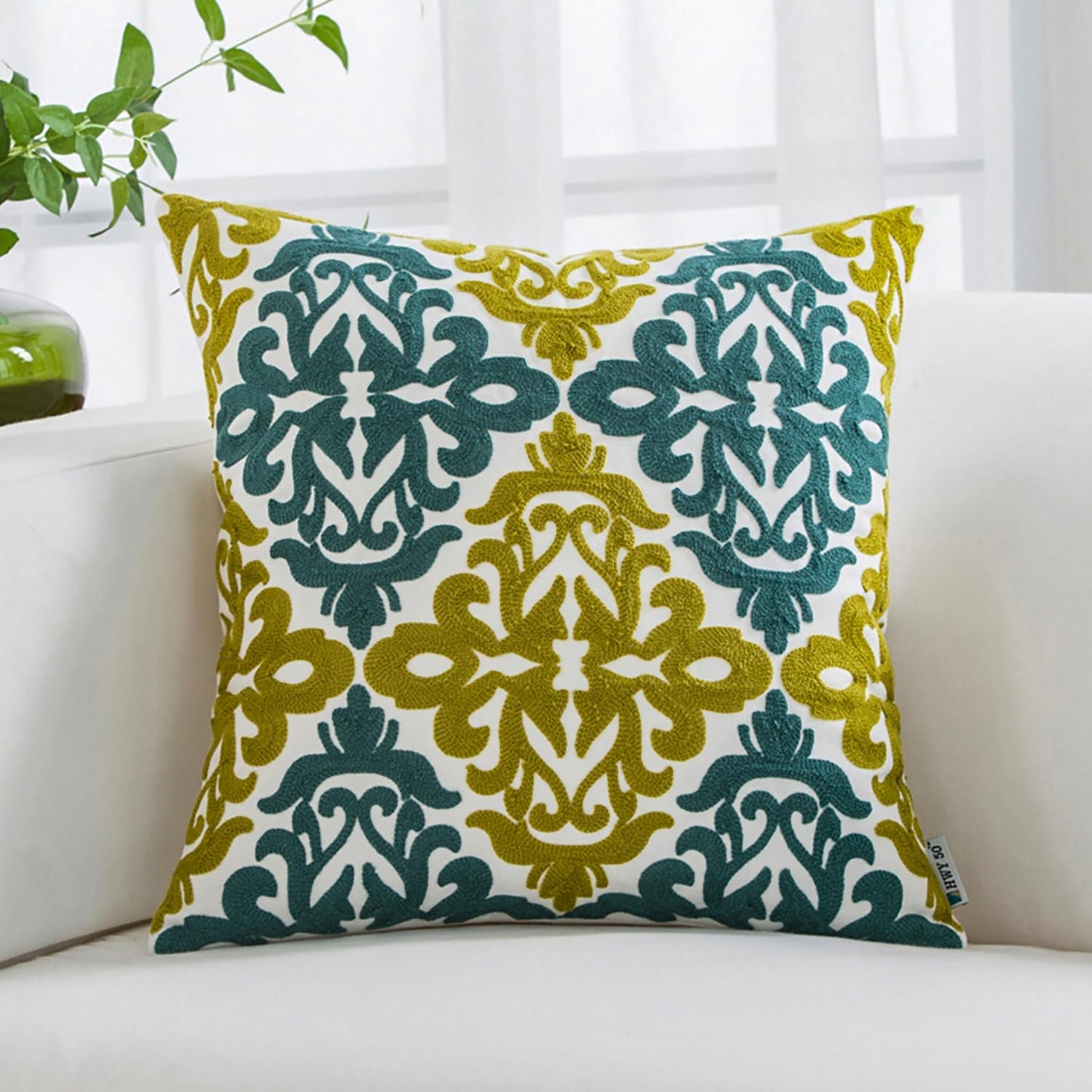 HWY 50 Decorative Throw Pillow Covers 18x18 Inch (1 Piece), Embroidered Cotton Farmhouse Cushion Cover Pillow Case for Sofa Couch Living Room Bed Bedroon, Blue and Green Floral Geometric