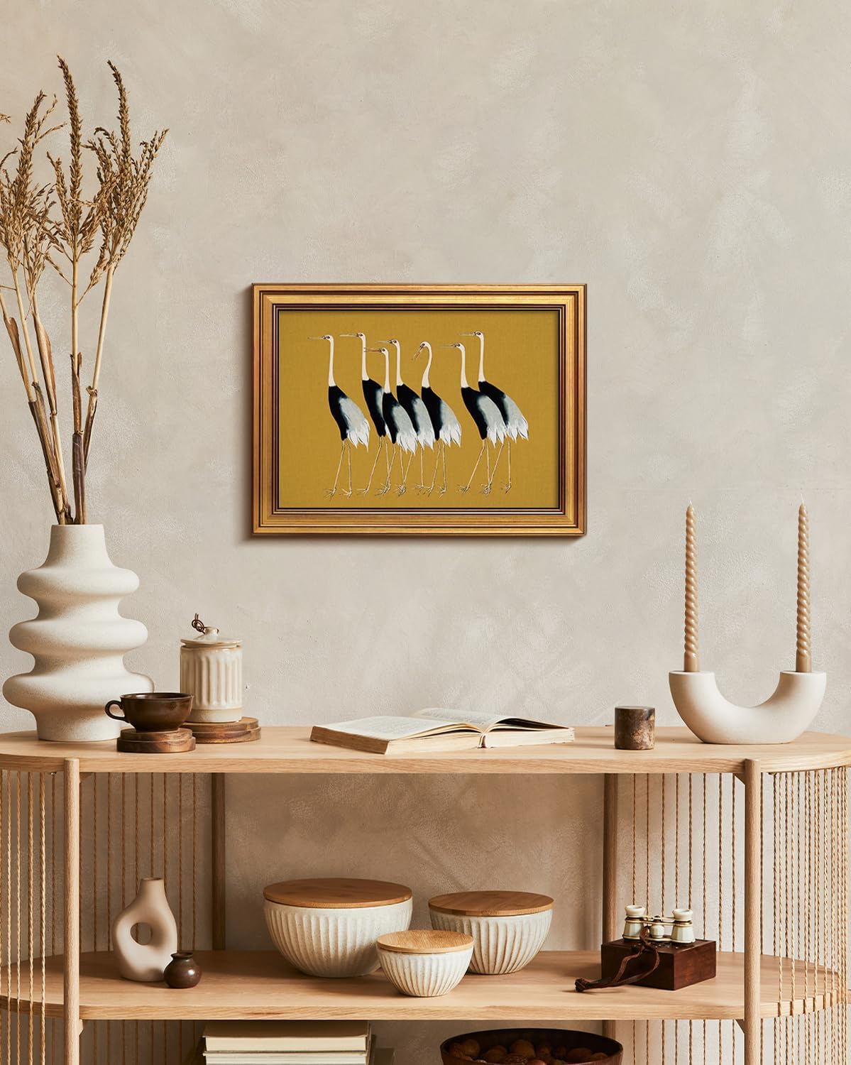HUARCEY Gold Framed Vintage Wall Art for Living Room, Animals Painting Prints Shelf Decor for Kitchen, Aesthetic Bedroom Wall Art Decor, Christmas Gifts for Friends or Family (Seven Cranes 12"x16")