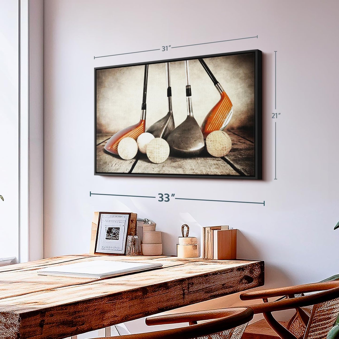 Elephant Stock Golf Sets Wall Art - Horizontal Framed Canvas - 1-Piece Mancave Wall Decor - Photography Sports Canvas Print - Yellow and Brown Decor for Wall - 31" X 21"