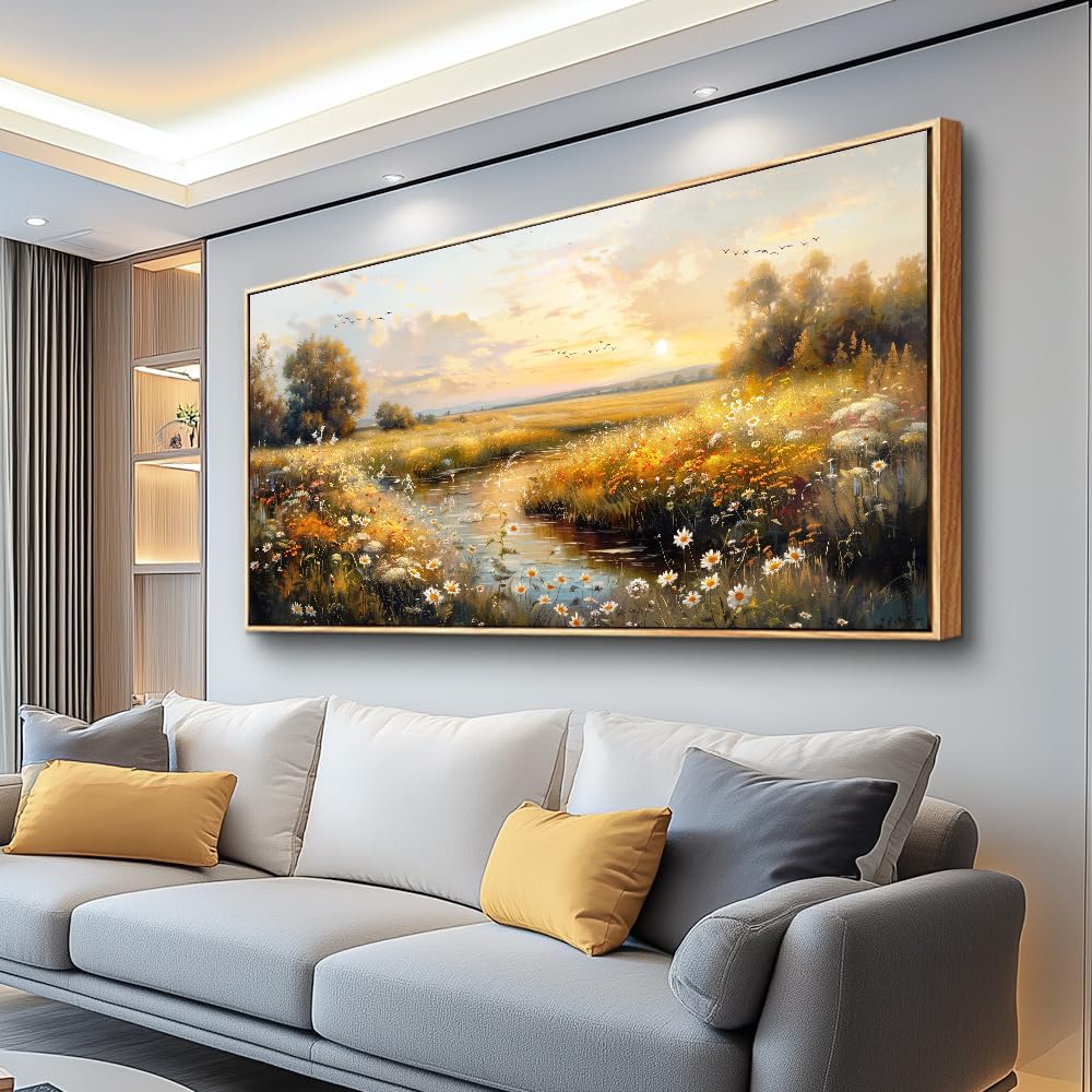 KELIYUAN Large Canvas Wall Art For Living Room Wall Decor For Bedroom Pastoral Landscape Painting Farmhouse Painting Office Restaurant Wall Pictures Artwork Ready To Hang Wood Framed 24"X48"