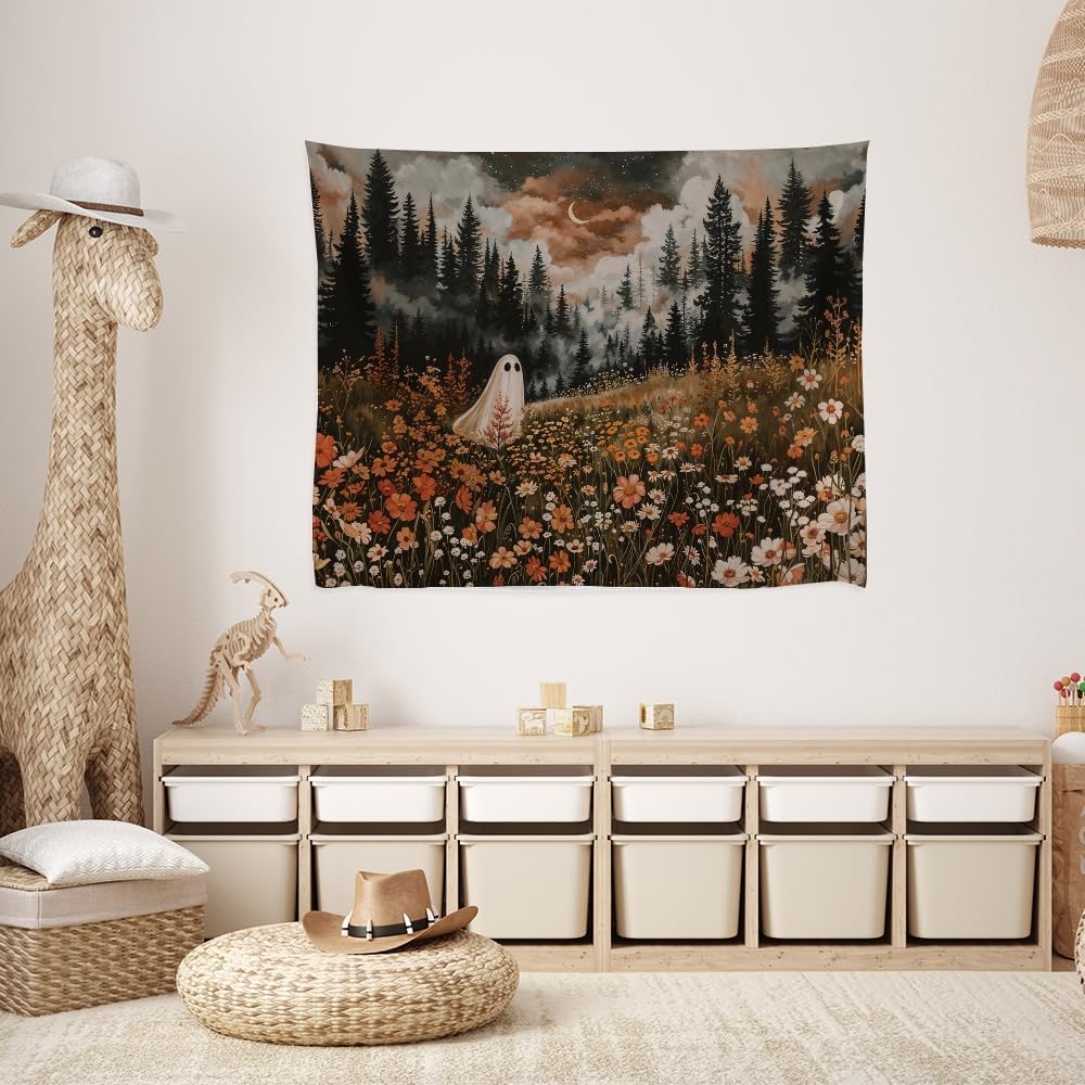 Spooky Fall Forest Art Halloween Tapestry Wall Hanging Cute and Funny Forest Flower Ghost Tapestry for Bedroom Whimsical Dark Academia Aesthetic Tapestries for Home Living Room Decor 70x90inch
