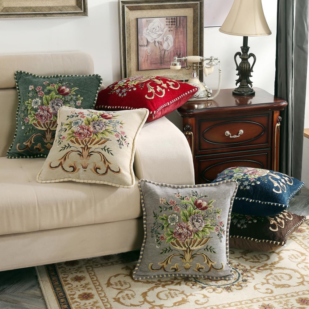 Set of 2 Brown Vintage Embroidered Throw Pillow Covers 18x18in，Floral Embroidered Cushion Cover for Sofa Couch Bed Burgandies Pillow Cover Brown