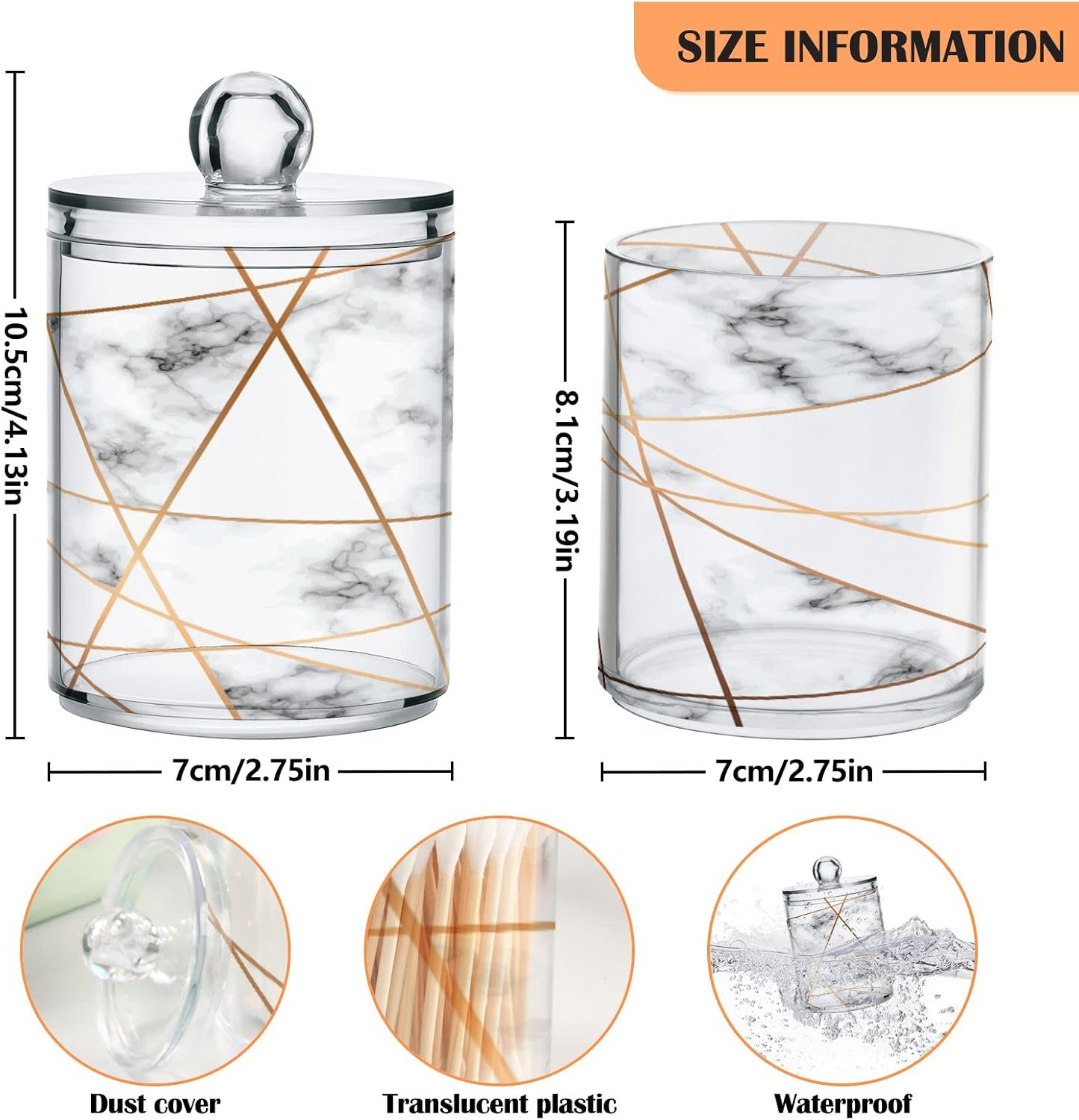 2 Pack Qtip Holder Dispenser White Marble Gold Line Bathroom Storage Canister Lid Acrylic Plastic Apothecary Jar Set Vanity Makeup Organizer for Cotton Swabs/Pads/Floss
