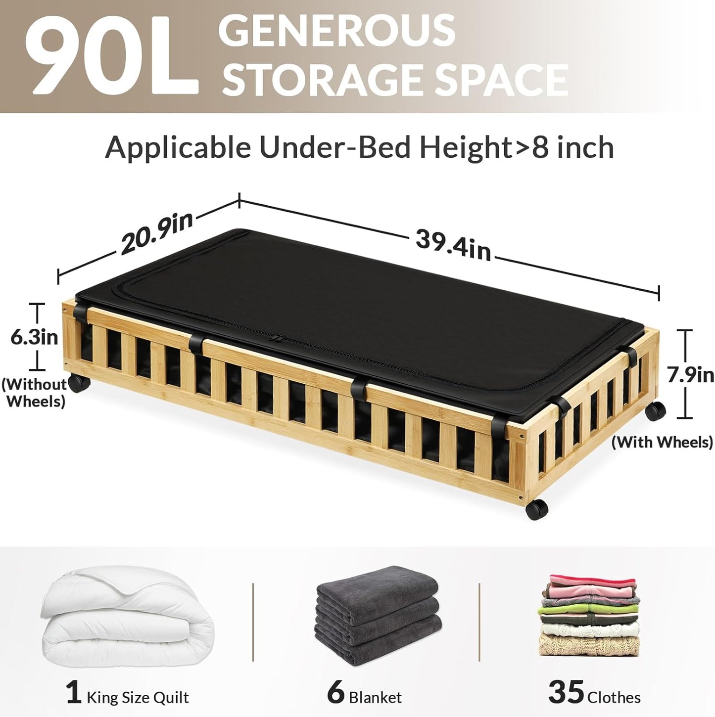 2 Pack Bamboo Under Bed Storage with Wheels, 39”x20”x7.8” Lager Under Bed Storage Containers (Natural)
