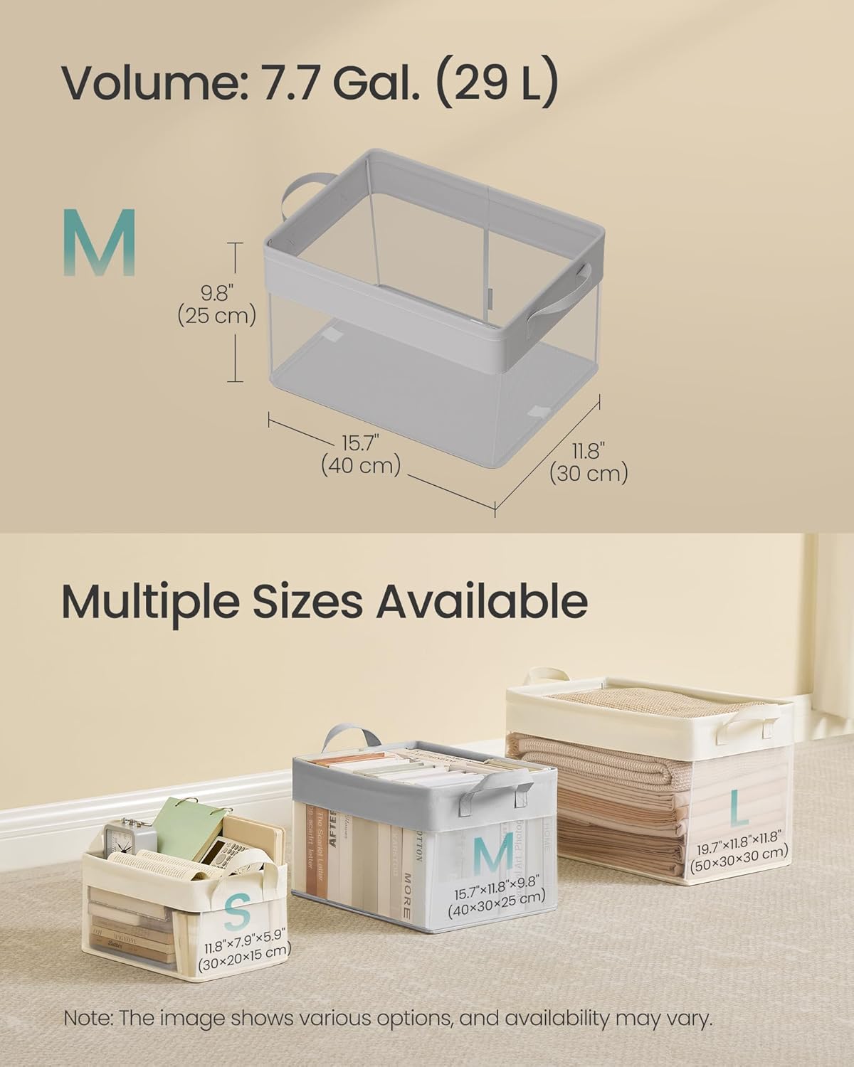 SONGMICS Storage Bins Set of 3, Medium Fabric Storage Baskets, Foldable Organizer with Transparent Nylon Mesh, 15.7 x 11.8 x 9.8 Inches, Handles, for Bedroom, Living Room, Dove Gray URFB940G01