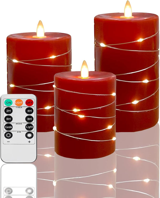 Red flameless Candles with Remote Control Timer Battery Operated LED Pillar Candles 4‘’ 5‘’ 6‘’ Fake Candles with String Lights Set of 3 for Christmas or Special Festivals Decorations