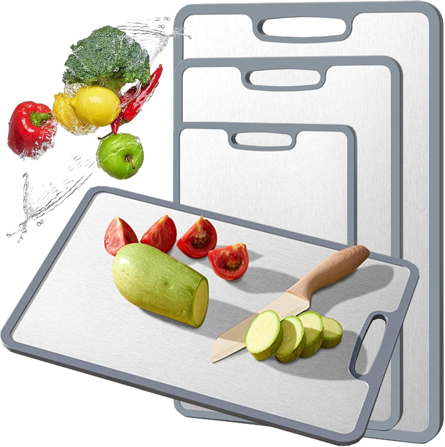 Titanium Cutting Board Double-sided non-slip silicone edging Pure Titanium Cutting Boards for Kitchen - Double-Sided Food-Grade Chopping Board Non-Stick Durable and easy to clean (3-Piece S/M/L)