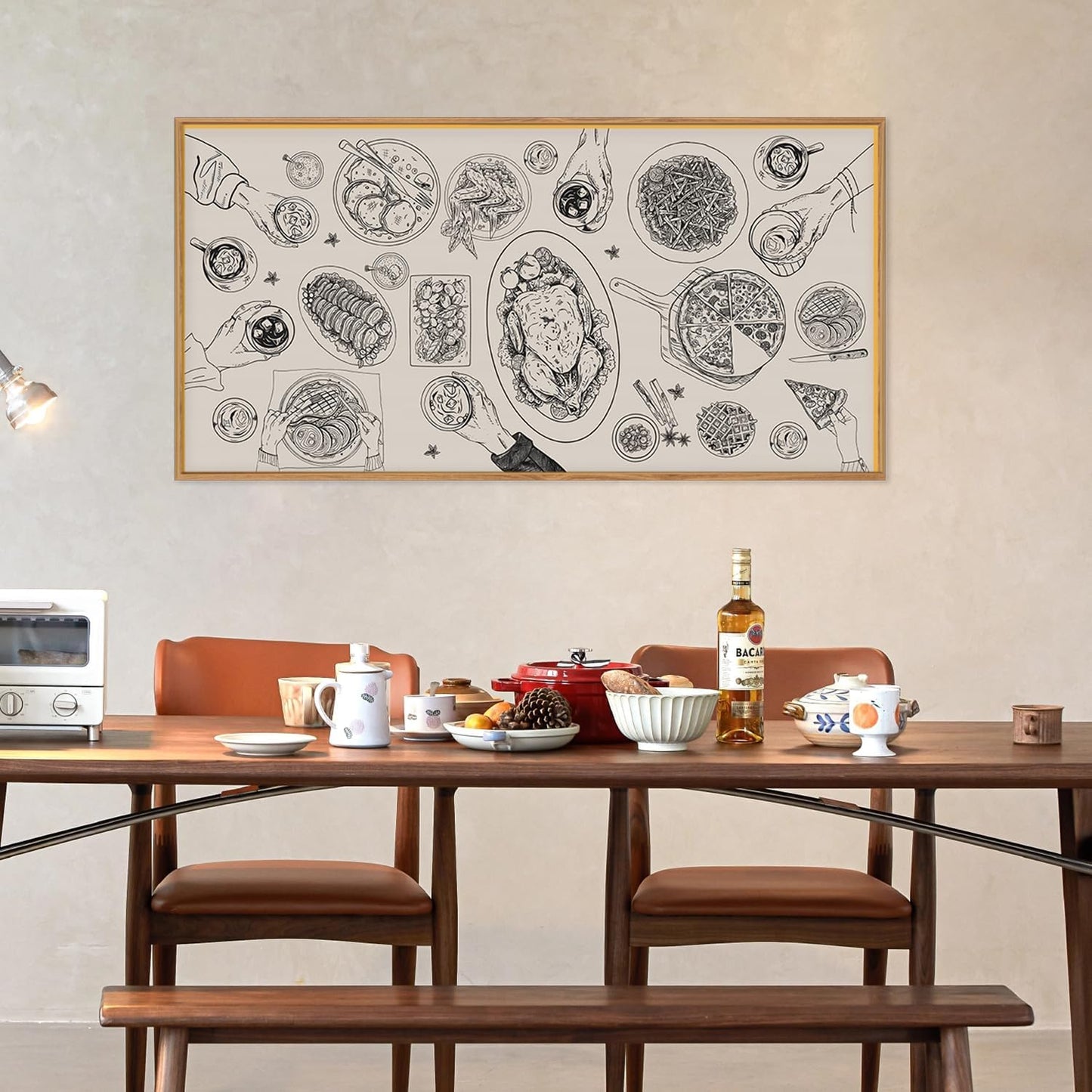 Vintage Food and Drink Framed Canvas Wall Art Set,Retro Sketch Pizza Cheers Wall Decor,Thanksgiving Dinner Turkey Artwork,Black and white Art Prints for Kitchen,Dining Room,Gatherings Decor-20"x40"