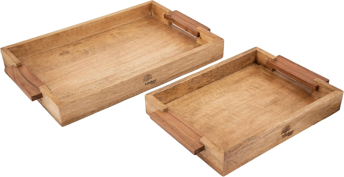 Mango Acacia Wood Serving Trays with Handles – Set of 2 Large Decorative Wooden Trays for Breakfast in Bed, Dinner, Snacks, Coffee Table, Ottoman, Couch & Patio Party – (16x10x1.75 & 8x12x1.75) Inches