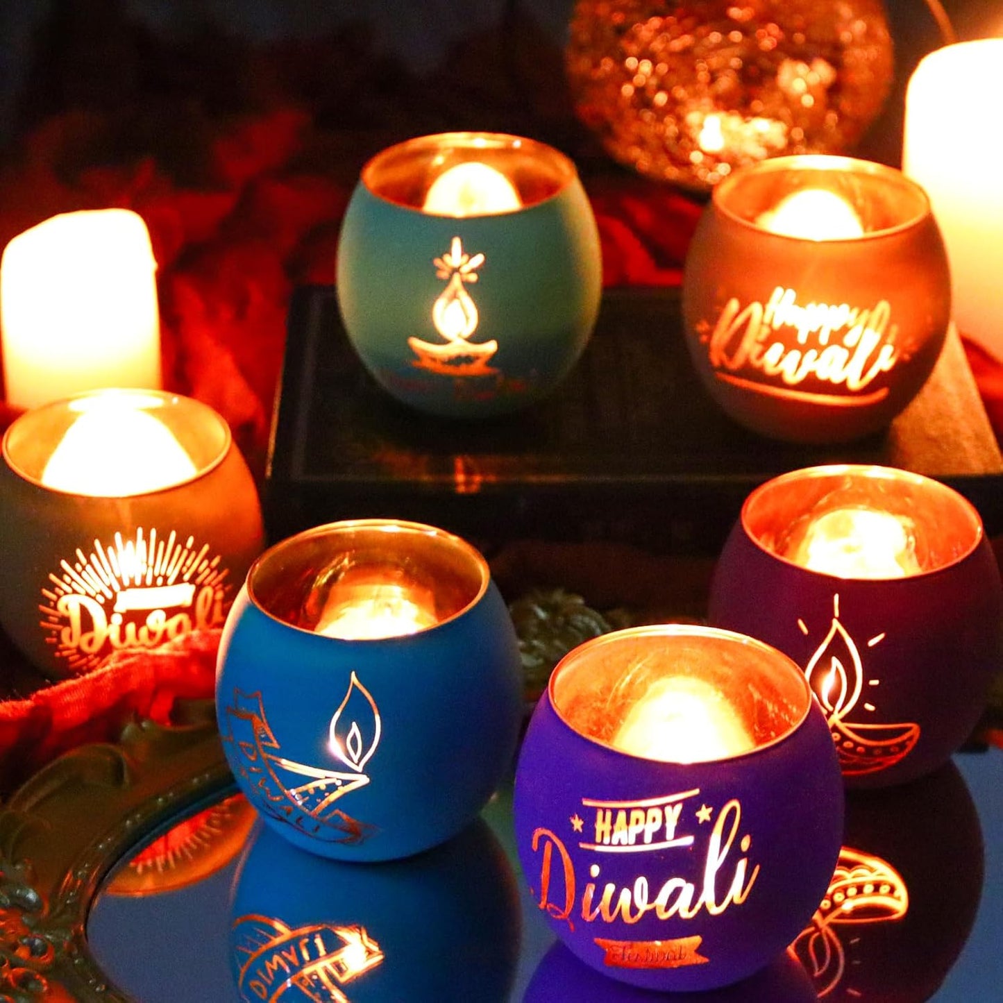 SHMILMH Diwali Gifts 6 PCS Happy Diwali Decorations for Home, Colorful Glass Tealight Votive Candle Holder for Party, Table Centerpiece Deco