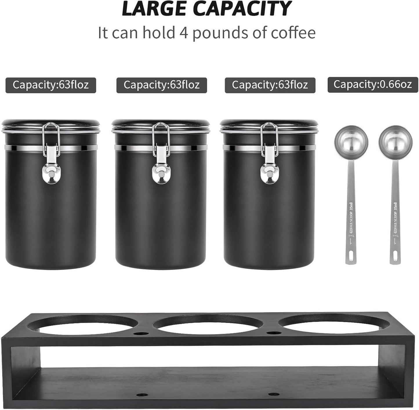 Yangbaga 3x63OZ Sugar Coffee Canisters with Shelf, 304 Stainless Steel Coffee Station Container for Ground Coffee Bean Storage with Airtight Locking Clamp&Scoop, Cereal Containers Storage for Kitchen